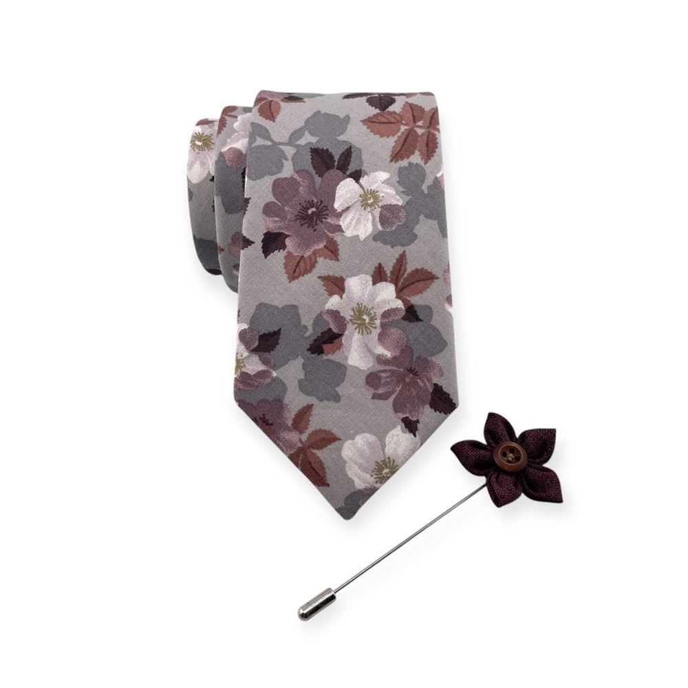 Men’s Gray Floral Necktie & Sangria Lapel Flower Pin Set